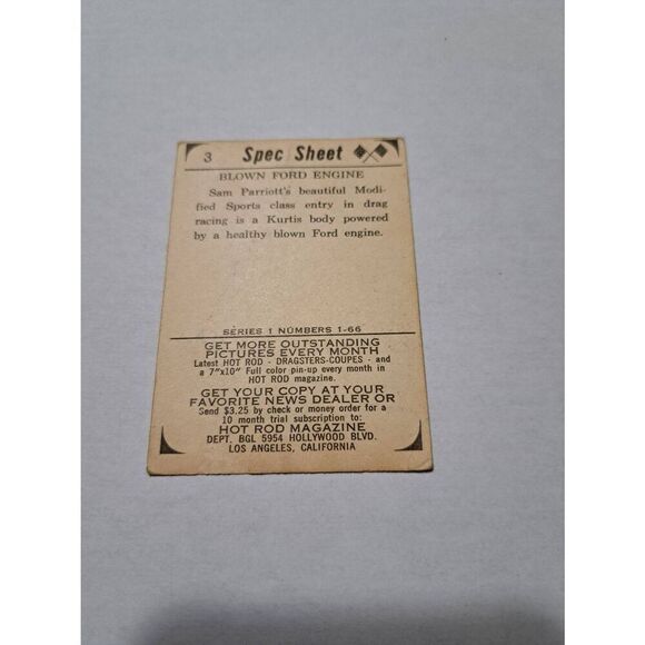 Vintage 1965 Hot Rod Magazine Spec Card #3 Blown Ford Engine Sam Parriott - Picture 3 of 3